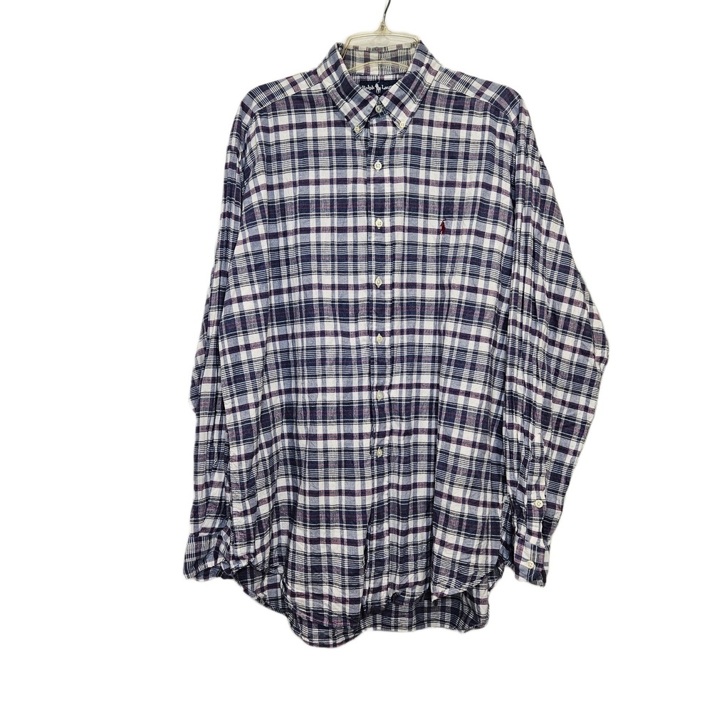 Ralph Lauren Men's Large Blake Red, White and Blue Plaid Button Down Shirt